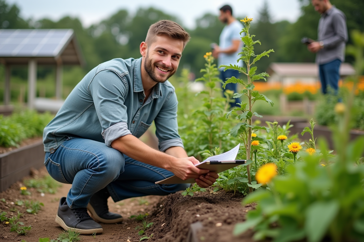 Jeune homme plantant un arbre dans un jardin communautaire