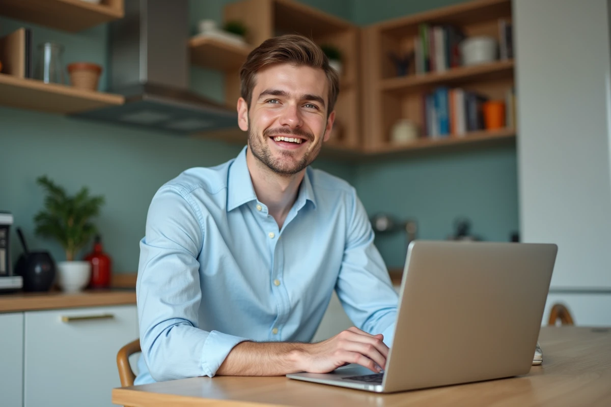 Jeune homme souriant utilise son ordinateur &agrave; la maison