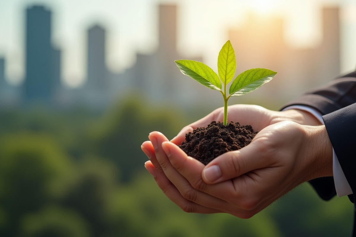 Jeune plante verte dans la main avec la ville en arrière-plan