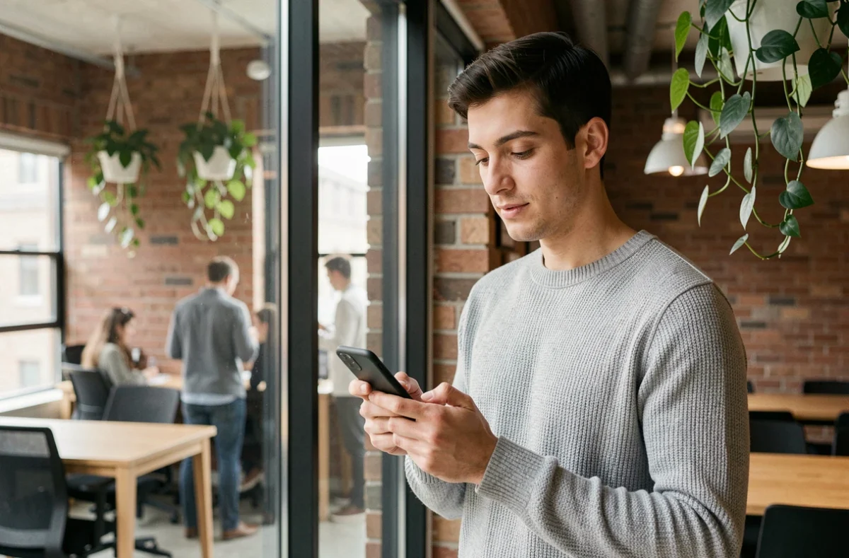 Jeune professionnel utilisant une application bancaire CMB sur smartphone dans un espace de coworking, symbolisant l'accès mobile et pratique à domiwebcmb