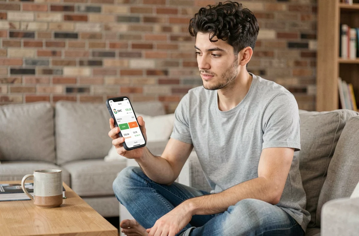 Jeune salarié consultant une simulation de salaire brut net sur smartphone depuis son salon