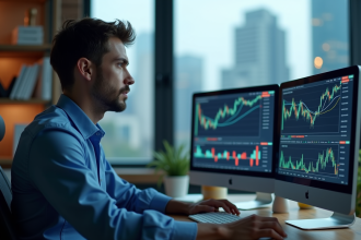 Jeune homme concentré surveillant ses écrans de trading