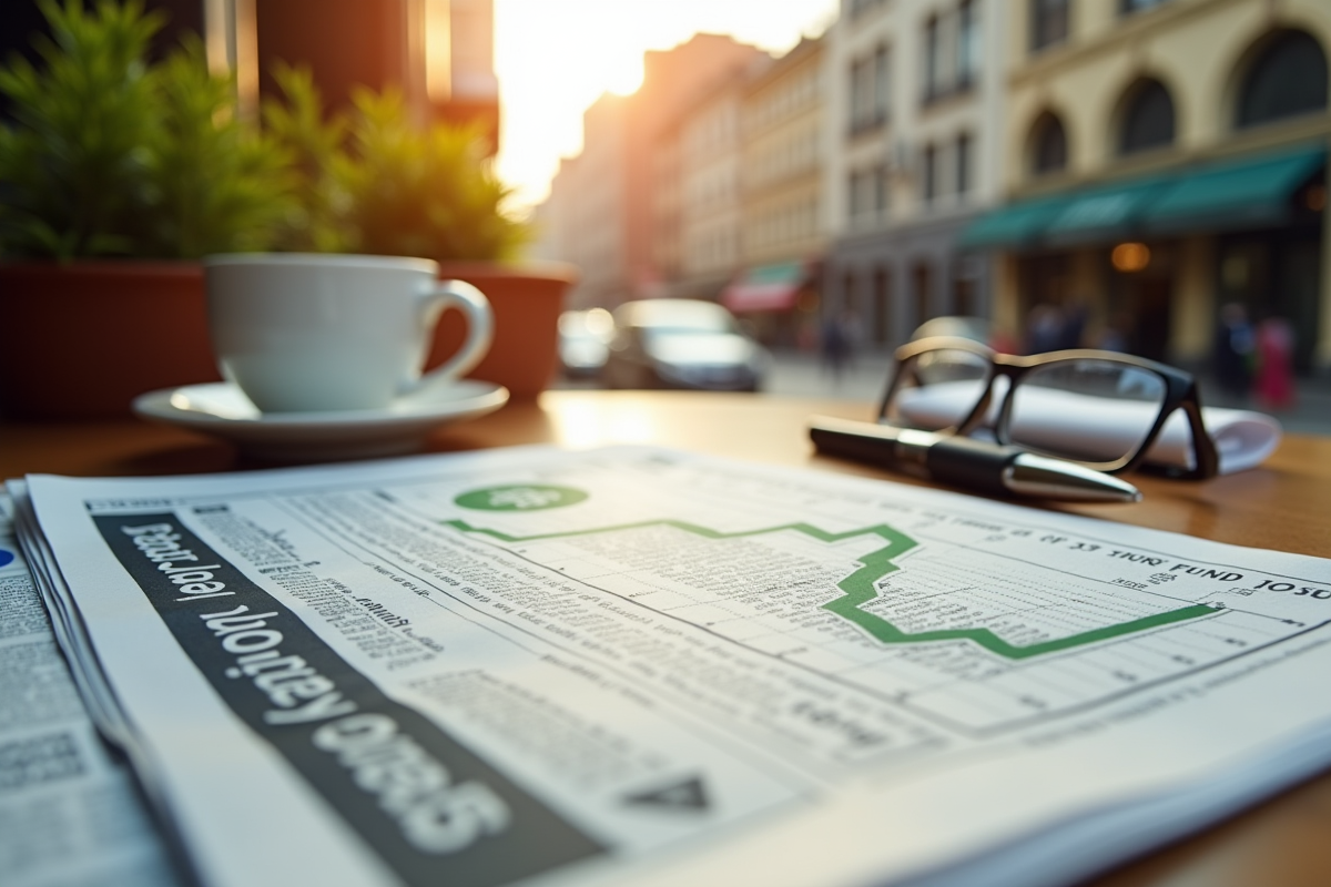 Couverture de journal financier sur une table de café ensoleillée