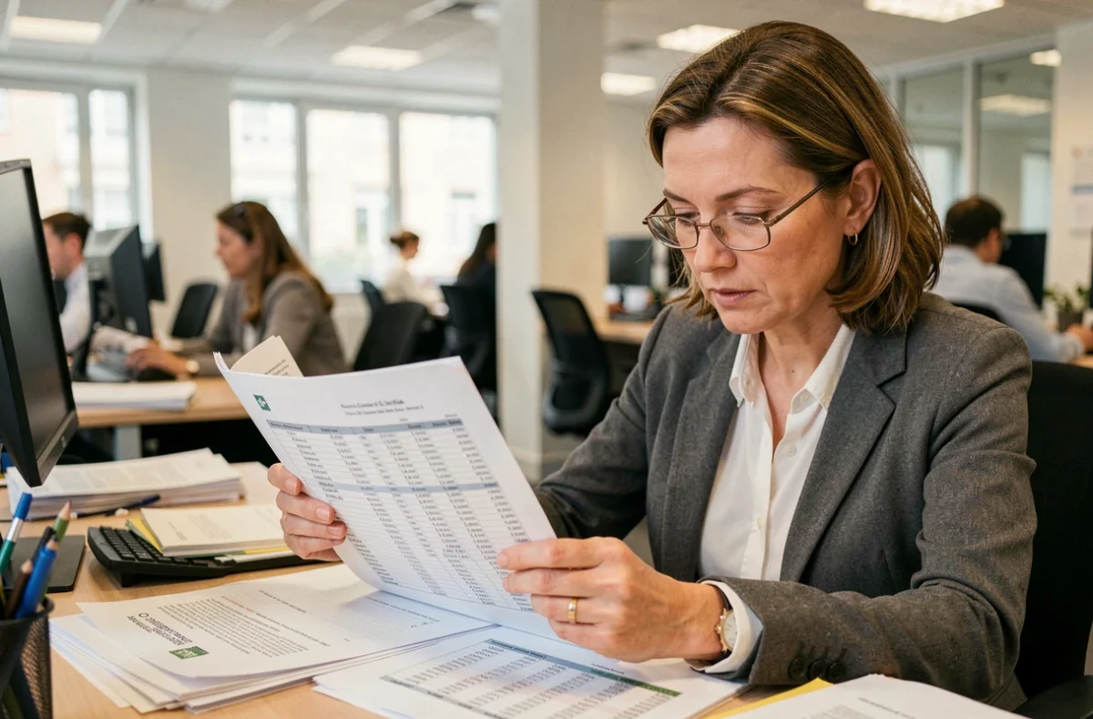 Journaliste française analysant des documents financiers sur les indemnités des maires dans une salle de rédaction