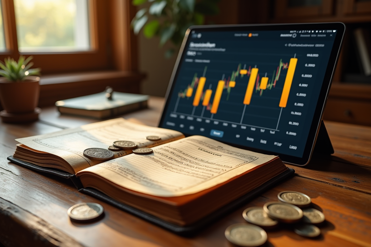 Ancien registre en cuir et pièces anciennes avec une tablette blockchain
