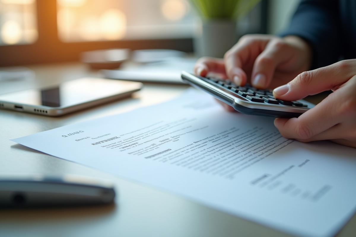 Main tenant une calculatrice avec une lettre officielle sur un bureau