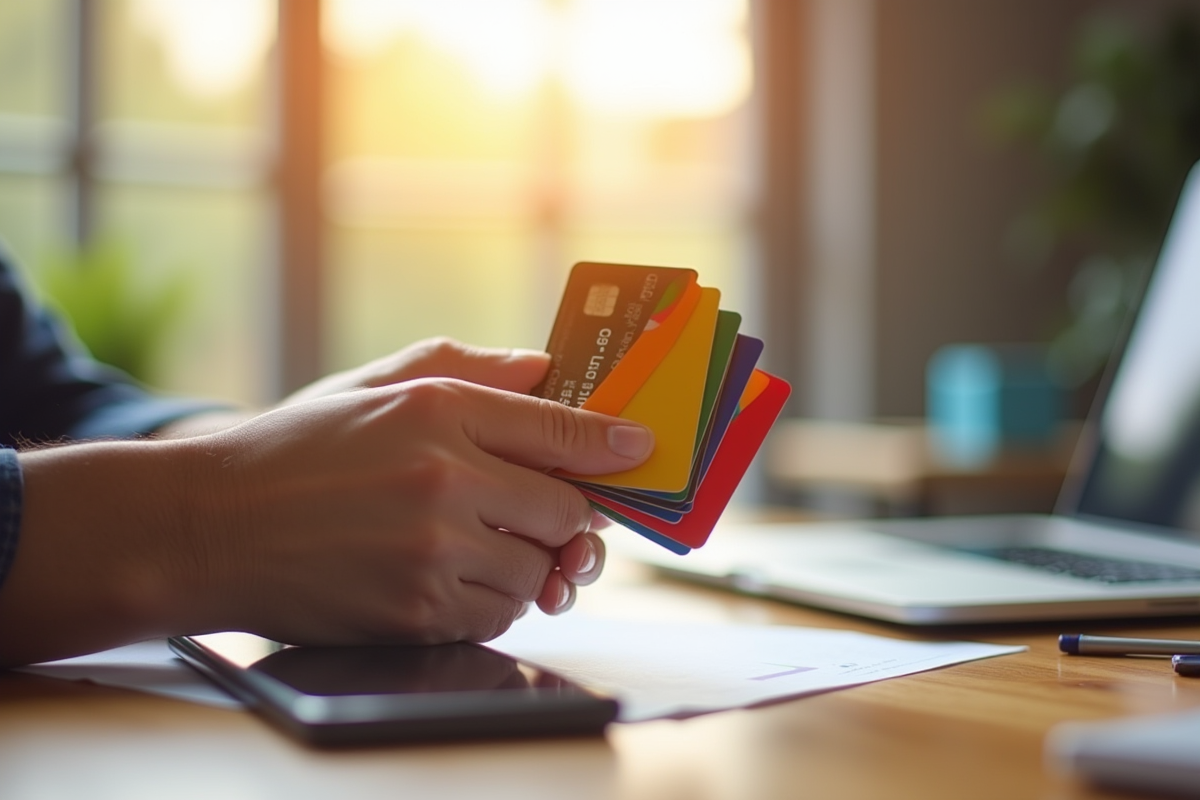 Main tenant plusieurs cartes de crédit colorées sur une table en bois