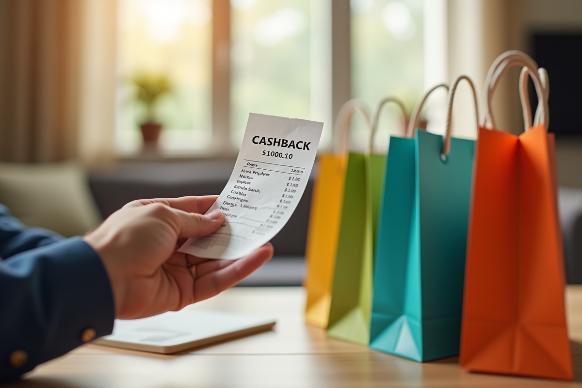 Main tenant un reçu avec montant cashback dans un salon cosy