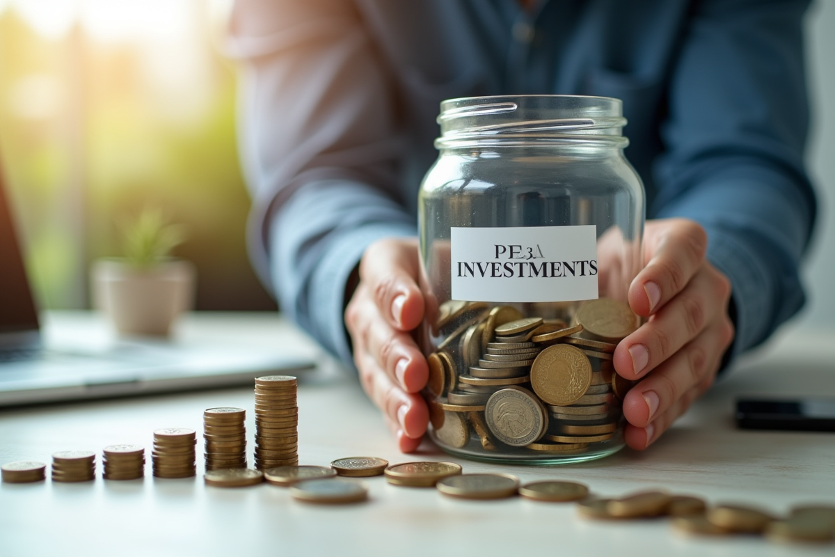 Mains tenant un porte-monnaie PEA avec pièces et figurines financières