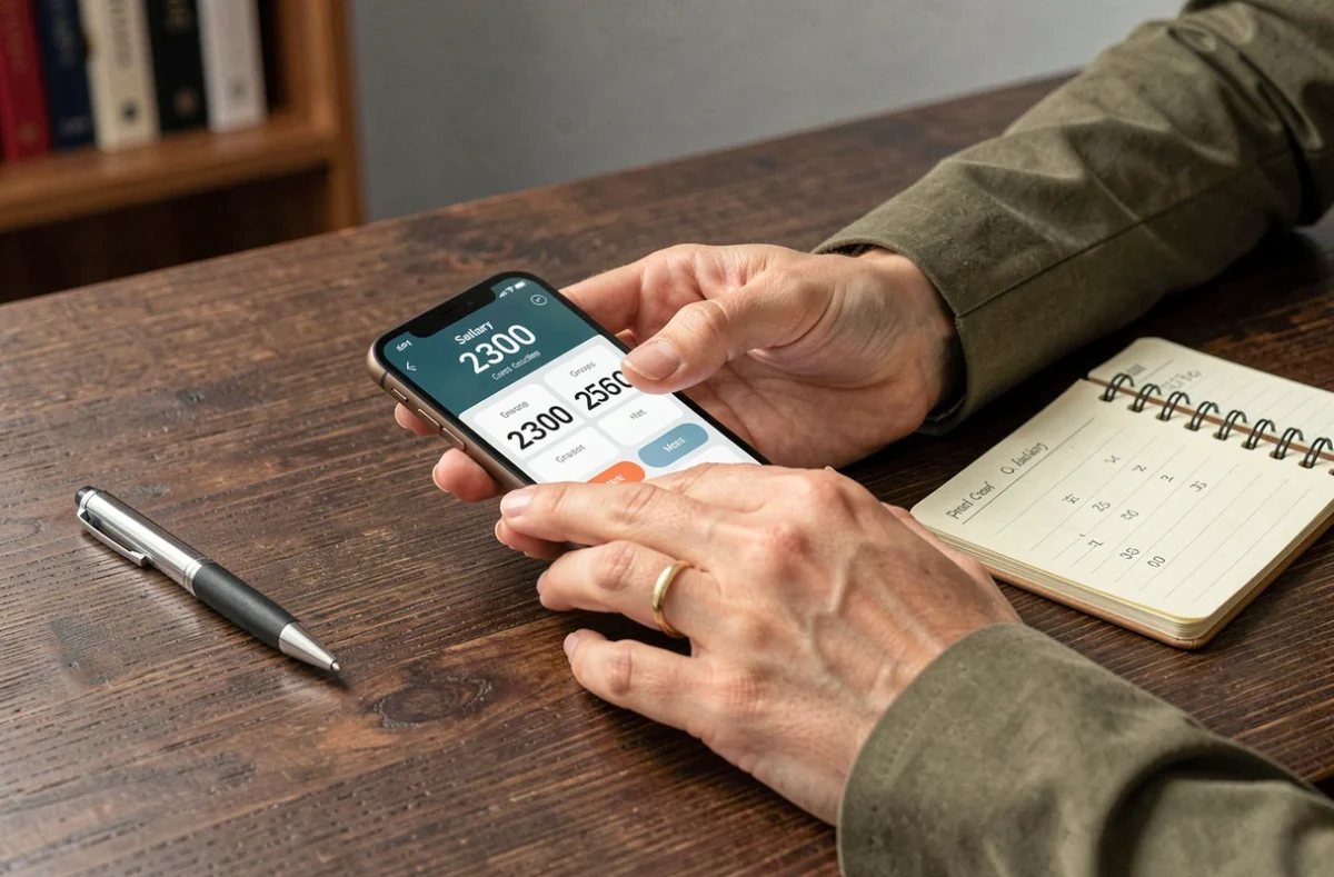 Mains tenant un smartphone avec calculatrice de salaire net brut 2300 euros en 2026