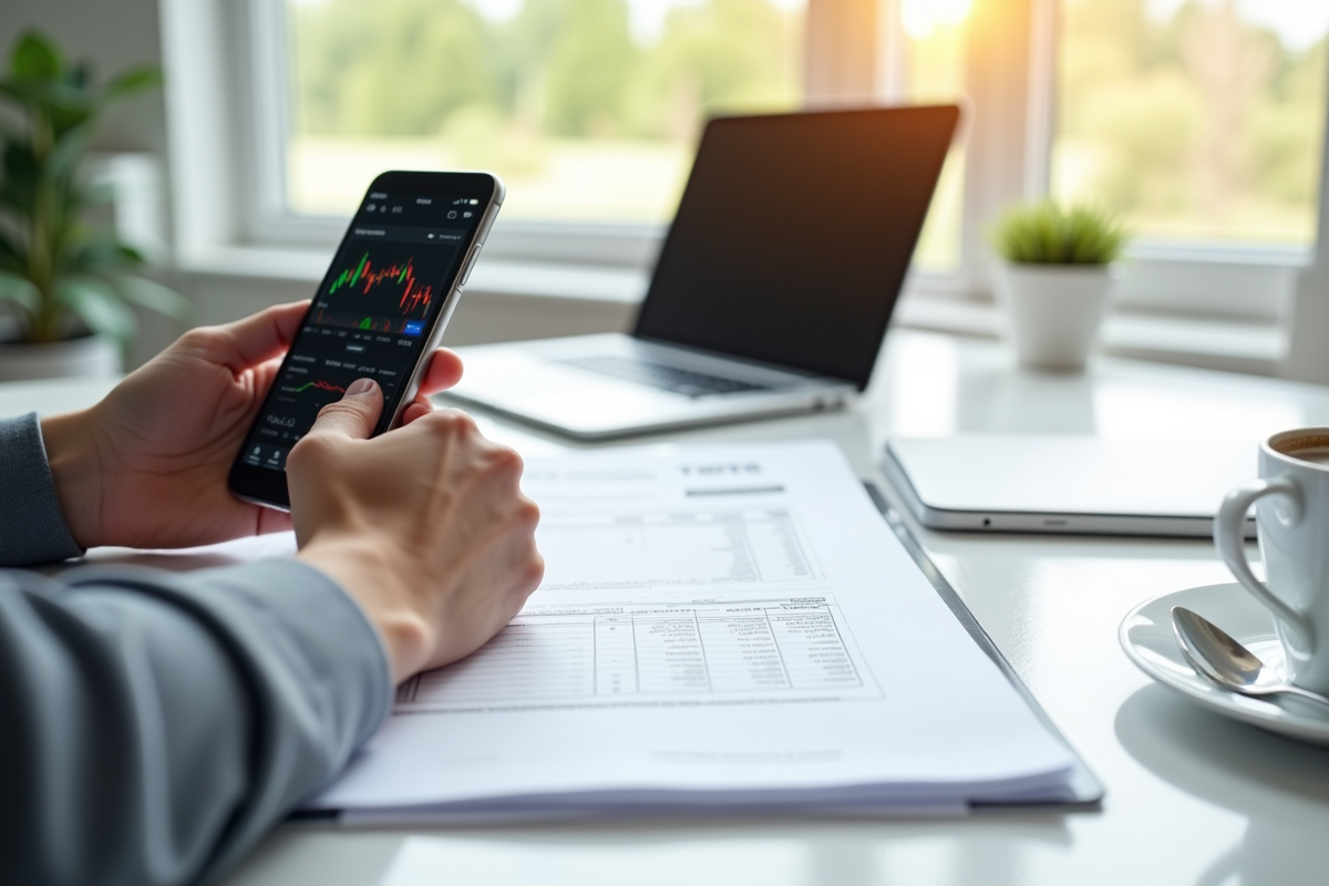 Deux mains tenant un smartphone avec une application de trading