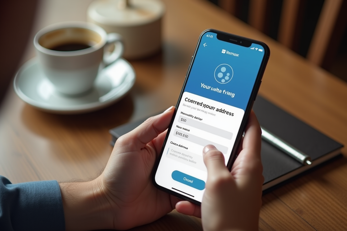 Mains tenant un smartphone avec une application bancaire en confirmation d