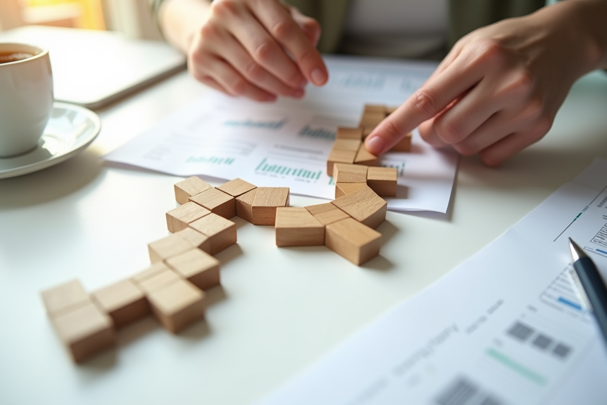 Mains arrangeant des blocs en flèche avec rapports financiers