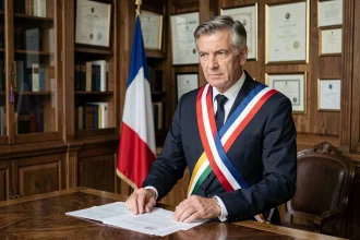 Maire français en écharpe tricolore dans son bureau officiel de mairie, illustrant le débat sur les indemnités des élus locaux