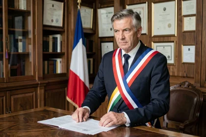 Maire français en écharpe tricolore dans son bureau officiel de mairie, illustrant le débat sur les indemnités des élus locaux