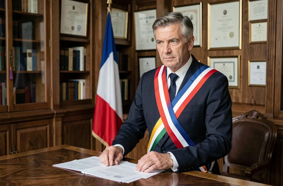 Maire français en écharpe tricolore dans son bureau officiel de mairie, illustrant le débat sur les indemnités des élus locaux
