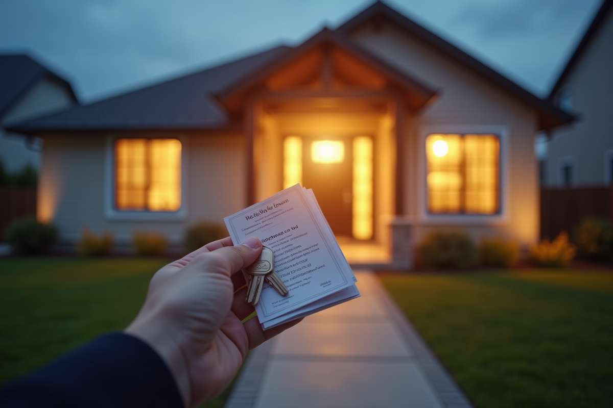Clé et documents de prêt immobilier devant une maison neuve