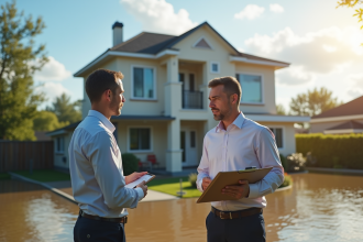 Maison moderne inondée avec agent d'assurance et propriétaire