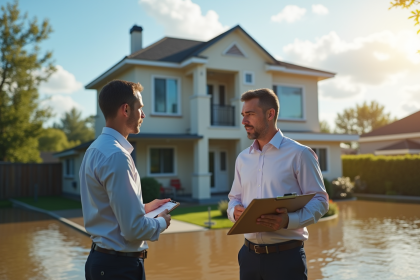 Maison moderne inondée avec agent d'assurance et propriétaire
