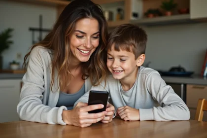 Maman et son fils souriants &agrave; la cuisine chaleureuse