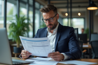 Manager d'affaires analysant un rapport financier au bureau