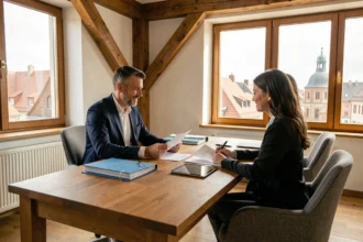 Courtier en assurance consultant un couple dans un bureau moderne à Strasbourg, Bas-Rhin