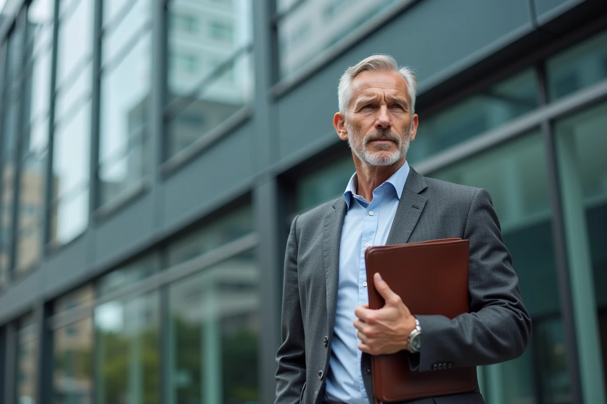 Portrait d'un entrepreneur devant un immeuble commercial moderne, évoquant la réussite financière et le patrimoine professionnel dans le contexte du buzz autour de la fortune de Mounir Laggoune