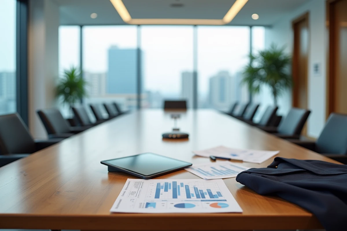 Salle de réunion haut de gamme avec des documents financiers et des graphiques sur tablette, illustrant l'univers des affaires et de la fortune associée à Mounir Laggoune
