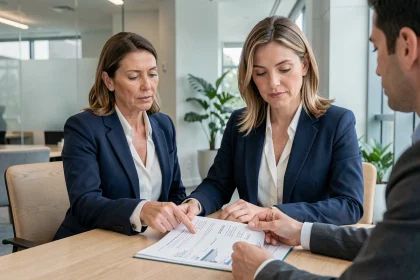 Femme professionnelle négociant ses frais de crédit avec un conseiller bancaire dans une agence moderne
