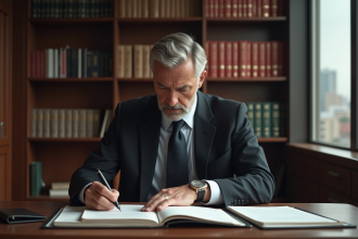 Notaire en costume dans son bureau avec documents légaux