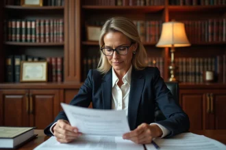 Notaire femme en costume marine révisant un barème de frais de tutelle dans un bureau juridique classique