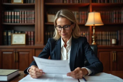 Notaire femme en costume marine révisant un barème de frais de tutelle dans un bureau juridique classique
