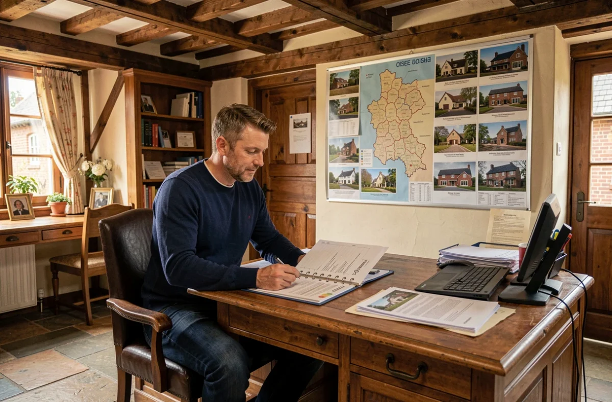 Directeur de l'Orpi Agence Normande consultant un portfolio immobilier dans une agence au style normand dans l'Oise