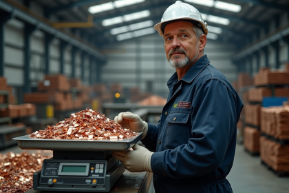 Ouvrier industriel pesant des déchets de cuivre brillants