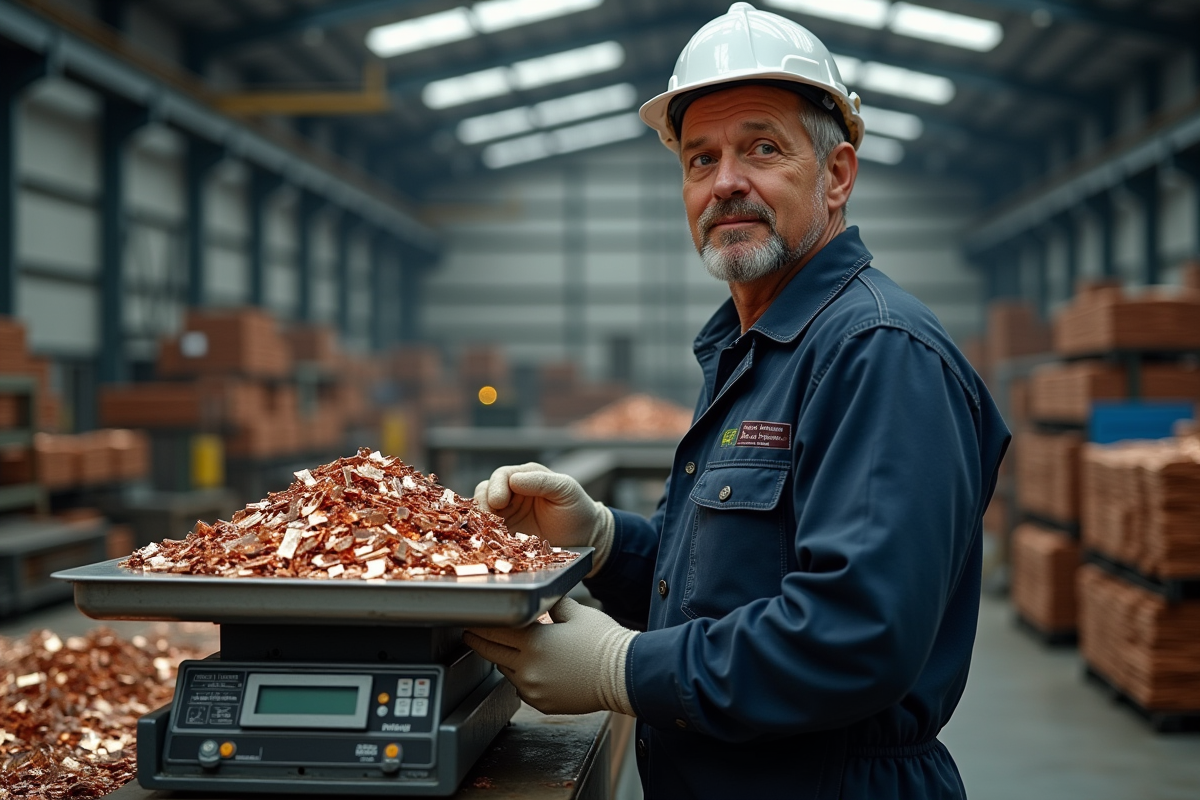 Ouvrier industriel pesant des déchets de cuivre brillants