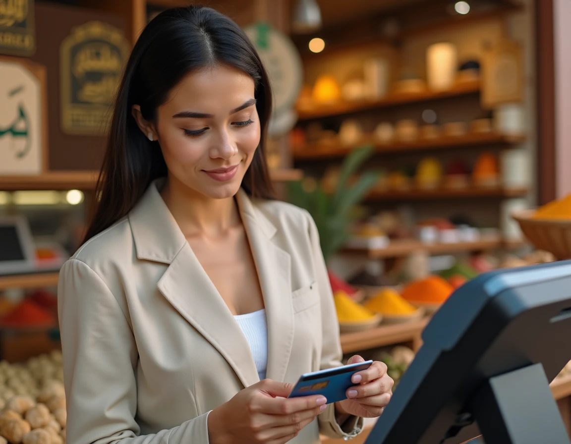 Femme payant sans contact avec une carte bancaire dans un marché de Dubaï sans frais supplémentaires