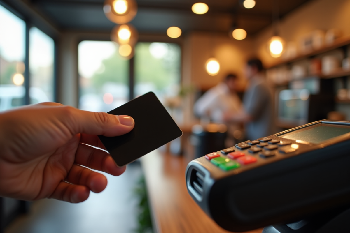 Main tenant une carte noire près d’un terminal de paiement dans un café haut de gamme