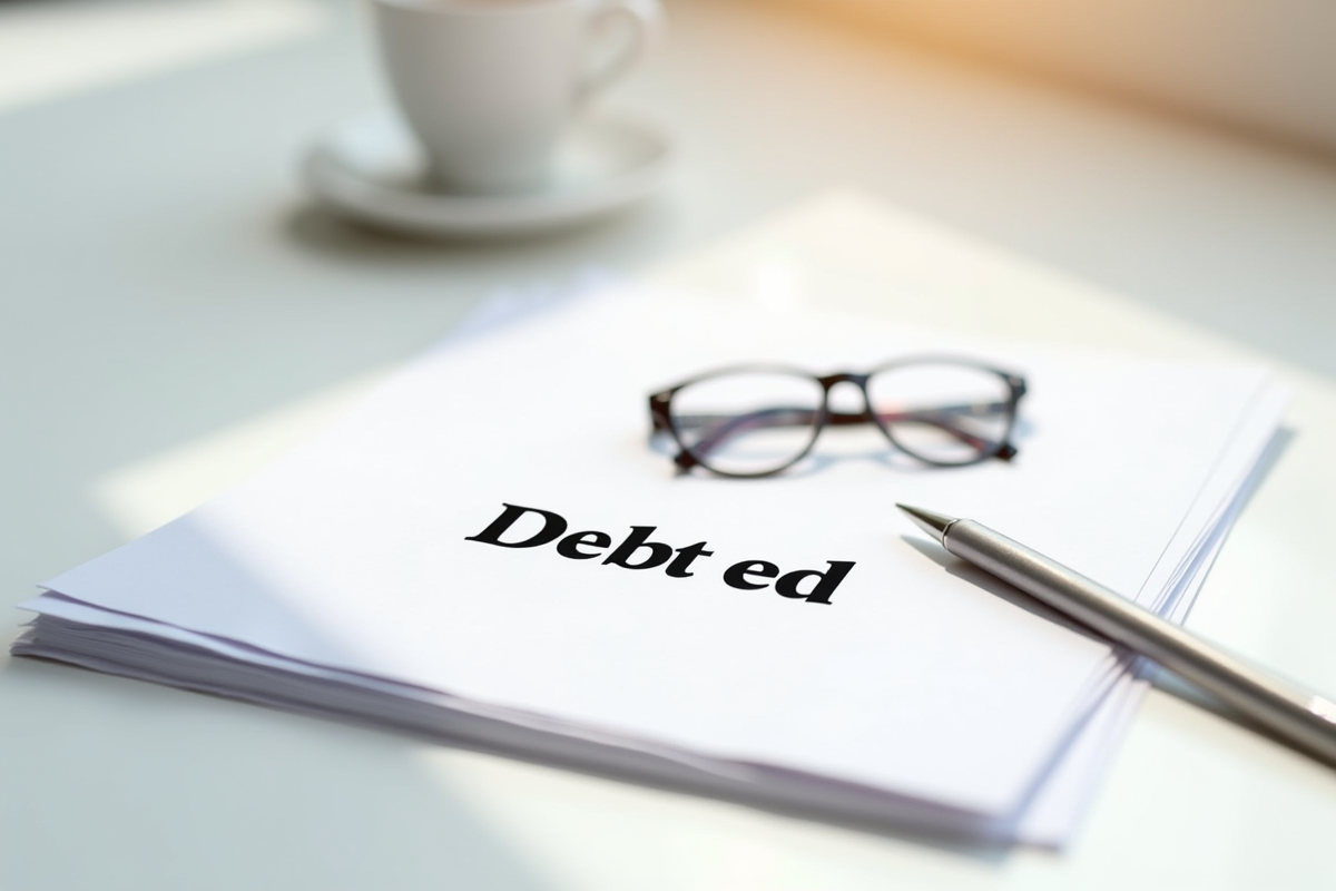 Papiers officiels estampes debt ed avec lunettes et stylo sur une table