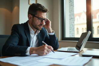 Professionnel examinant des documents d'assurance avec souci