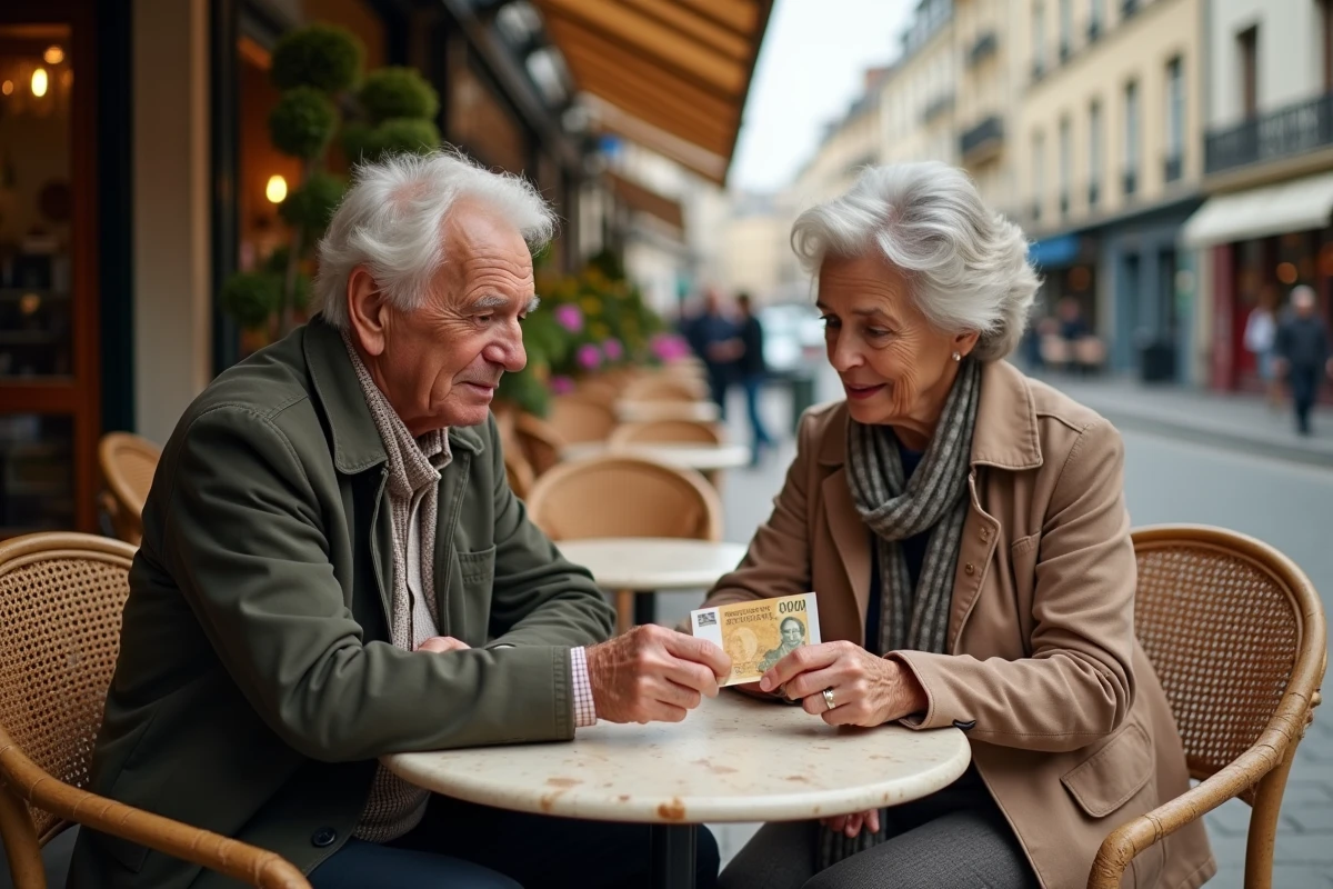 Deux personnes âgées contemplant un billet de 1000 francs sur une table de café parisien en terrasse