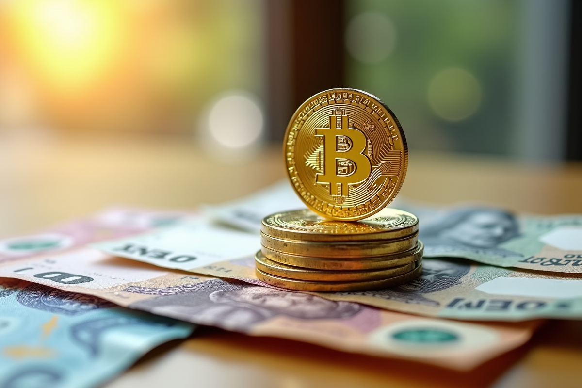 Pièce Bitcoin dorée sur des billets de différentes devises sur une table en bois