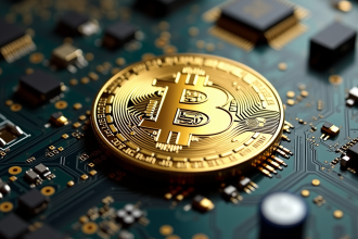 Pièce de Bitcoin brillante sur une carte mère détaillée