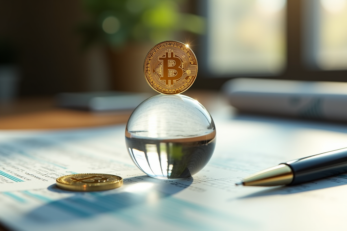 Pièces de crypto en or sur un globe en cristal avec journal
