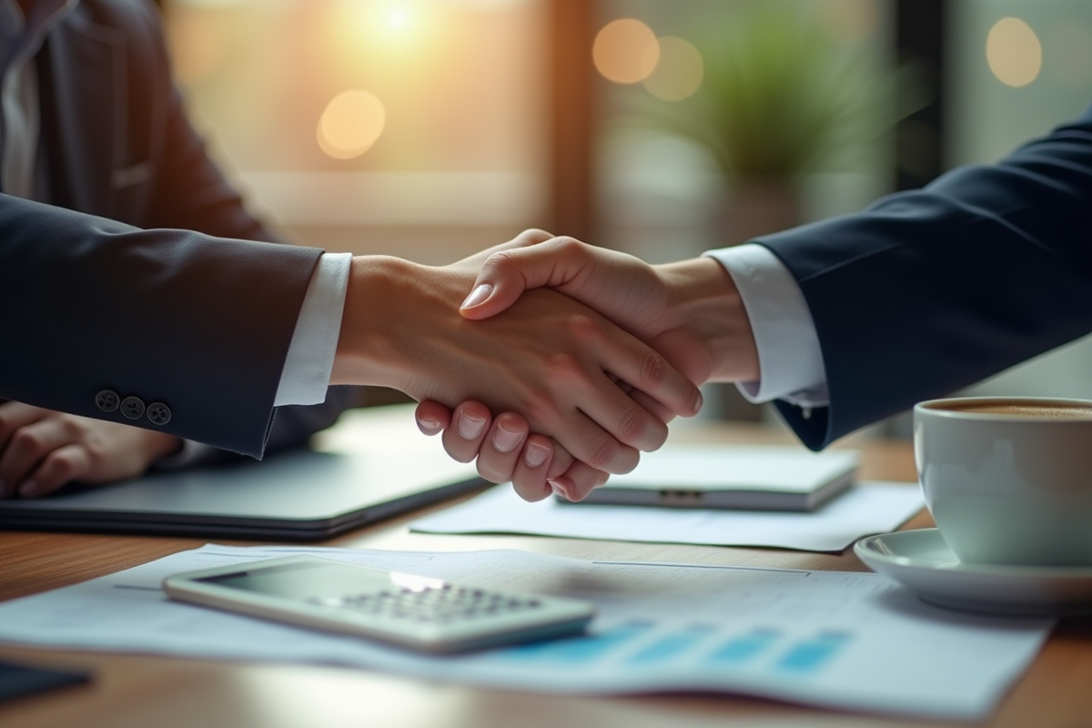 Poignée de main entre client et conseiller bancaire avec documents