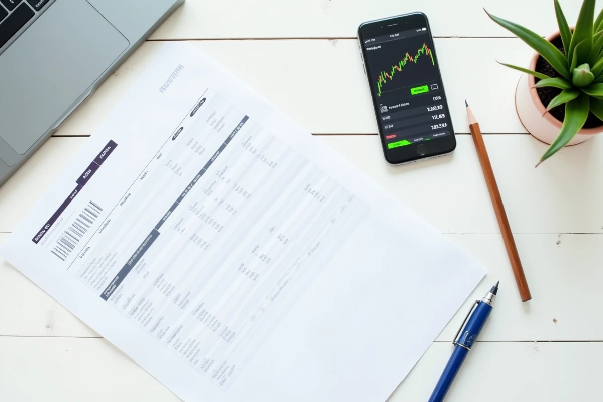 Vue aérienne d'un rapport de portefeuille boursier avec application de courtage affichant les performances d'un titre en PEA