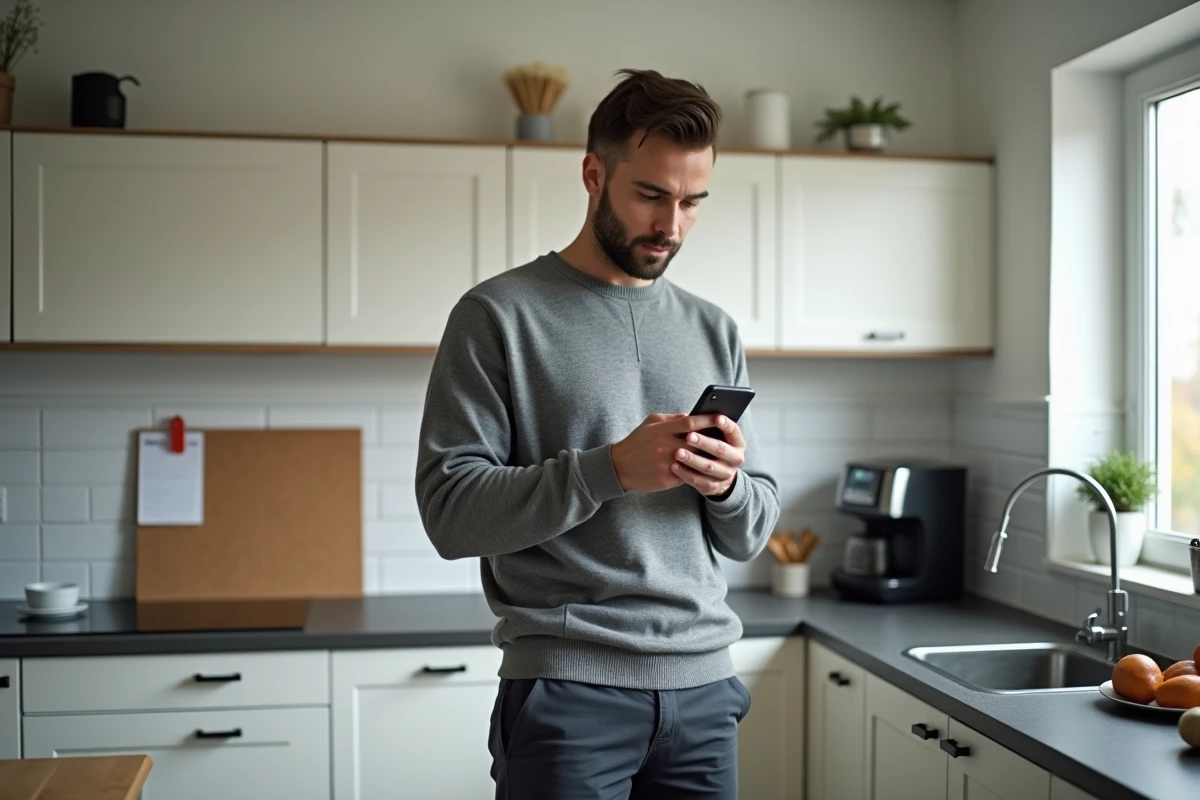 Professeur vérifiant son salaire sur une application bancaire depuis son domicile en 2026