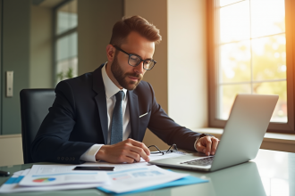 Professionnel en affaires examinant des documents avec assurance