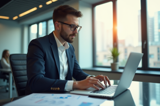 Professionnel en costume vérifiant des graphiques financiers