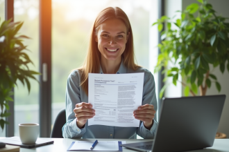 Professionnel souriant tenant documents fiscaux de location
