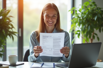 Professionnel souriant tenant documents fiscaux de location
